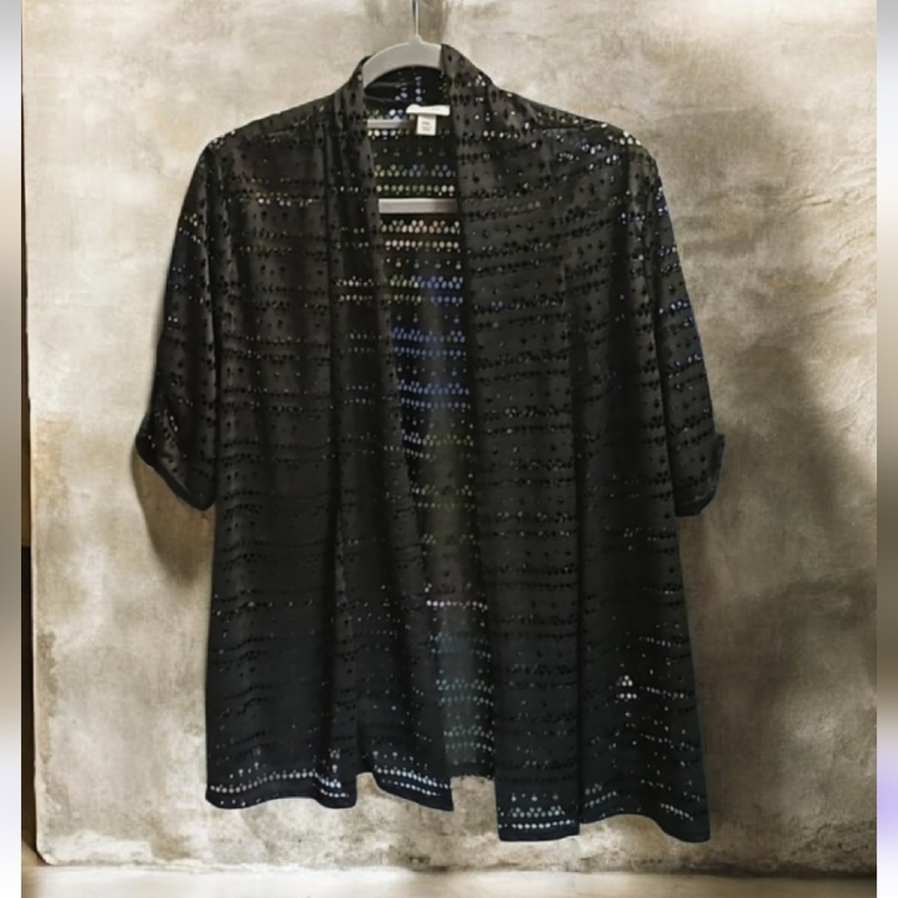 Kim Rogers Cardigan looks crocheted PXL short sleeve worn 1x black
